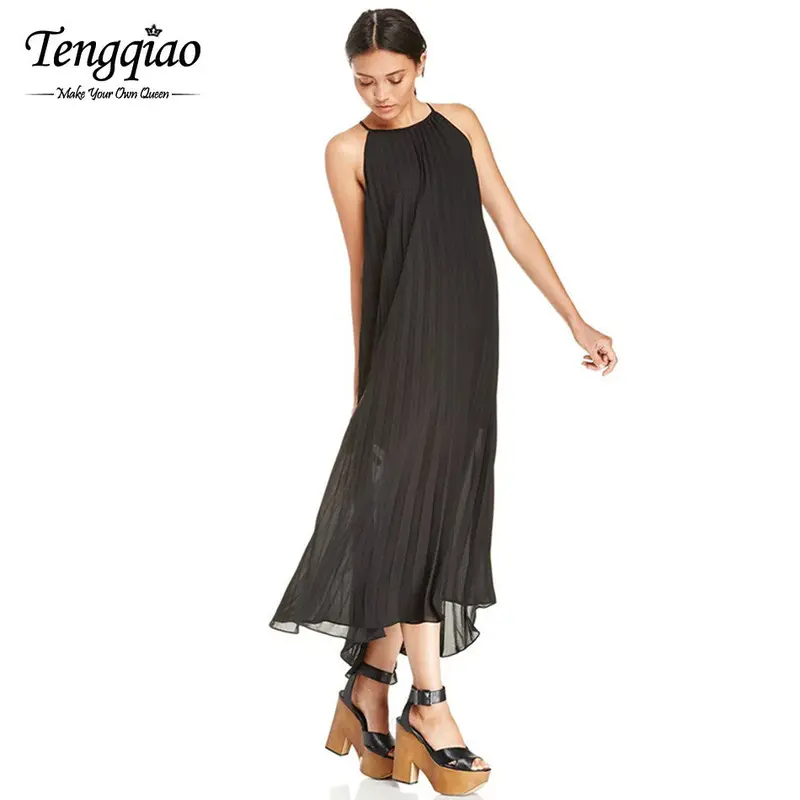 Halter White Chiffon Bohemian Dress Sleeveless Long Dresses Casual Off The Shoulder Pleated Maxi Dress 1