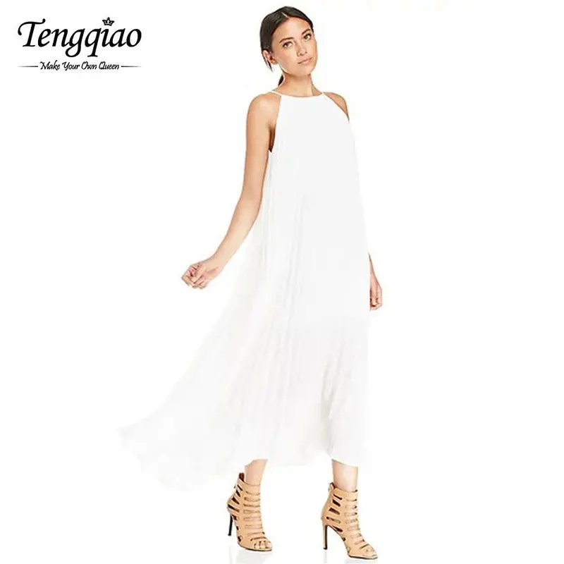 Halter White Chiffon Bohemian Dress Sleeveless Long Dresses Casual Off The Shoulder Pleated Maxi Dress 4