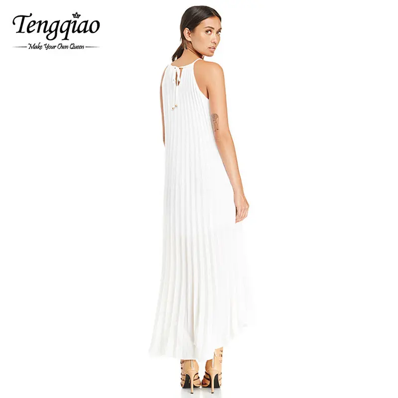 Halter White Chiffon Bohemian Dress Sleeveless Long Dresses Casual Off The Shoulder Pleated Maxi Dress 5