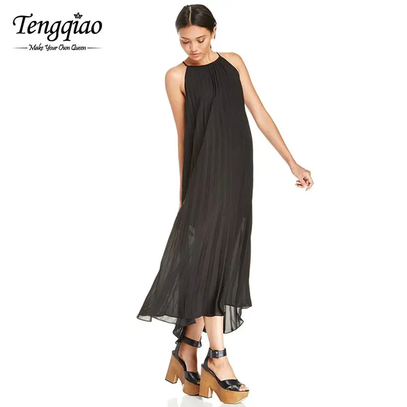 Halter White Chiffon Bohemian Dress Sleeveless Long Dresses Casual Off The Shoulder Pleated Maxi Dress 6