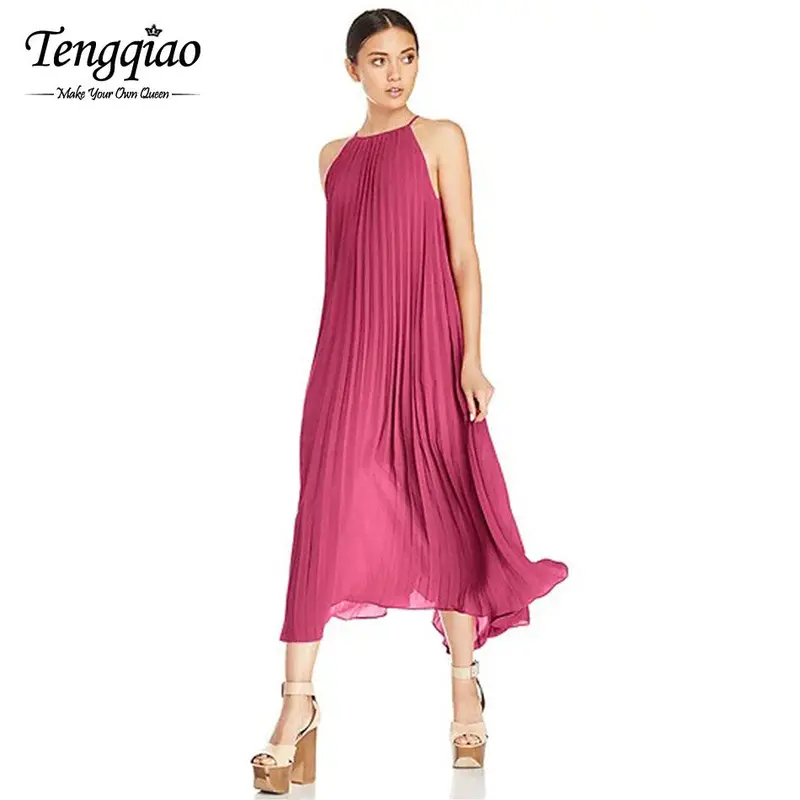Halter White Chiffon Bohemian Dress Sleeveless Long Dresses Casual Off The Shoulder Pleated Maxi Dress 7