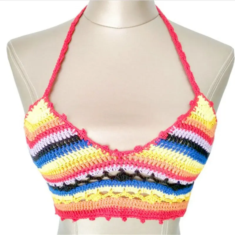 Handmade Crochet Top Beachwear Halter Neck Bustier Crop Top Rainbow Stripe Knitted Crop Tops Bralette 1