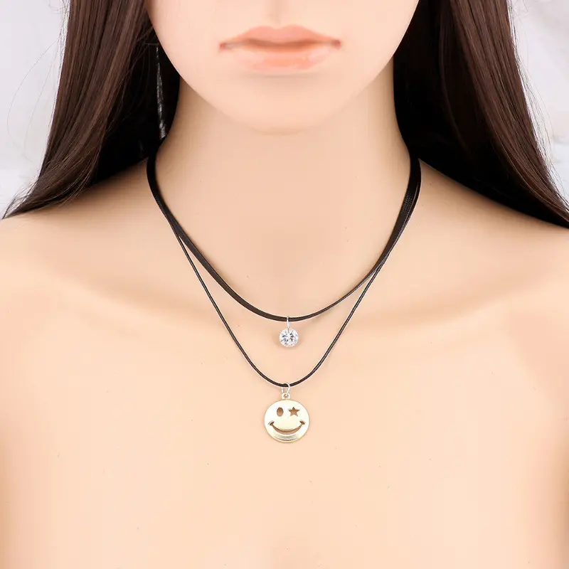Handmade Cute Smiling Face Necklace Black Veleteen Matte Gold Smile Pendant Necklace Psxl039 1