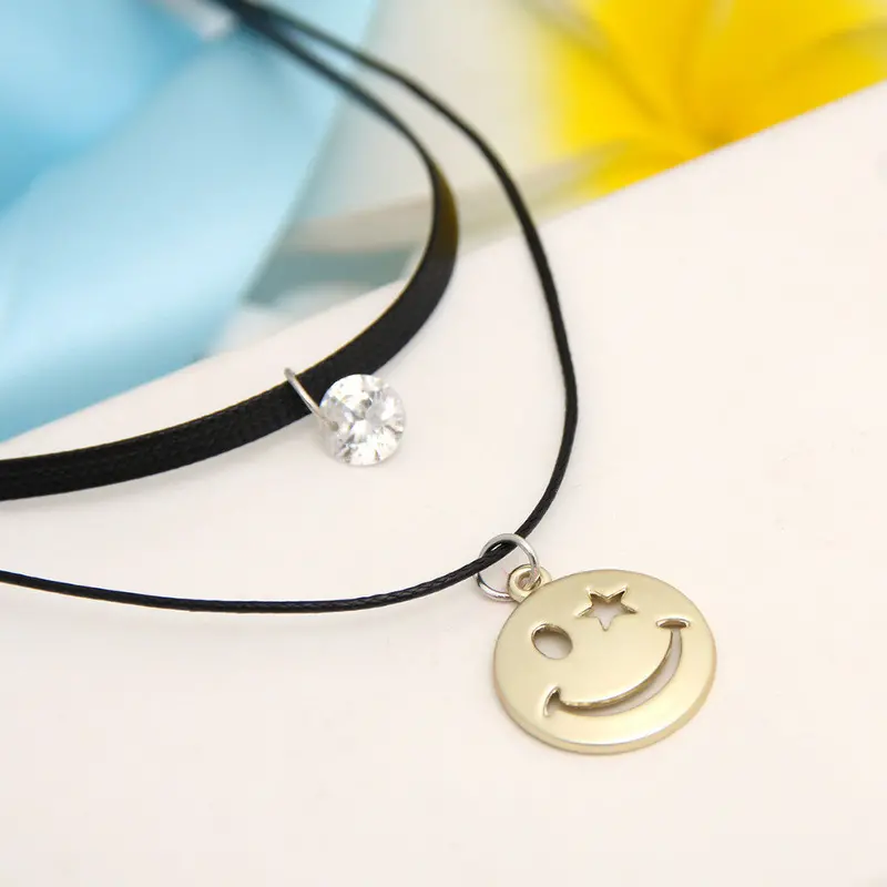 Handmade Cute Smiling Face Necklace Black Veleteen Matte Gold Smile Pendant Necklace Psxl039 2