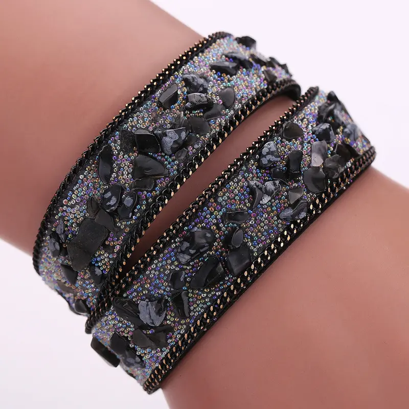 Handmade Gravel Stone Crystal Wristband Muiltilayer Bracelets Unisex Rhinestone Leather Braid Bangles Fashion Jewelry Feminina 1