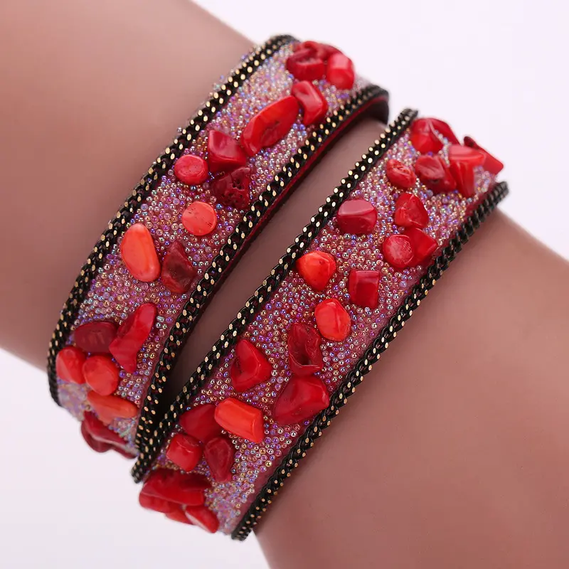 Handmade Gravel Stone Crystal Wristband Muiltilayer Bracelets Unisex Rhinestone Leather Braid Bangles Fashion Jewelry Feminina 2
