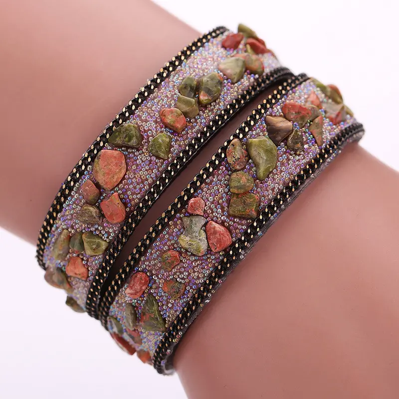 Handmade Gravel Stone Crystal Wristband Muiltilayer Bracelets Unisex Rhinestone Leather Braid Bangles Fashion Jewelry Feminina 3