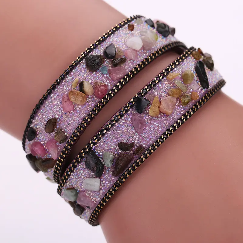 Handmade Gravel Stone Crystal Wristband Muiltilayer Bracelets Unisex Rhinestone Leather Braid Bangles Fashion Jewelry Feminina 4