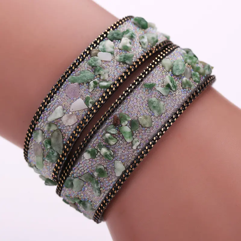 Handmade Gravel Stone Crystal Wristband Muiltilayer Bracelets Unisex Rhinestone Leather Braid Bangles Fashion Jewelry Feminina 5