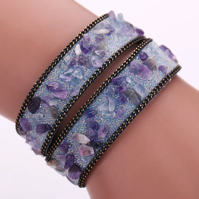 Handmade Gravel Stone Crystal Wristband Muiltilayer Bracelets Unisex Rhinestone Leather Braid Bangles Fashion Jewelry Feminina 6