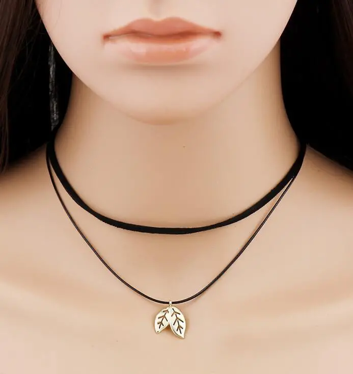 Handmade Rope Jewelry Gold Leaf Charm Necklace Double Layer Necklace Psxl045 1