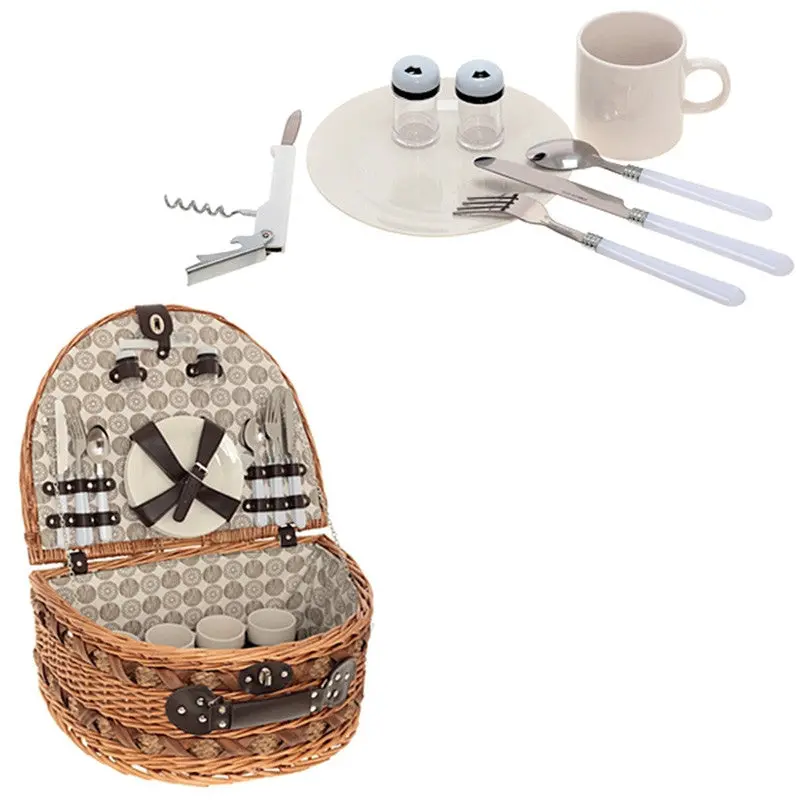 Handmade Wicker Willow Yellow Picnic Basket For 4 People With Glasses Knife Bottle Opener Salt And Pepper Shakers 88099 1