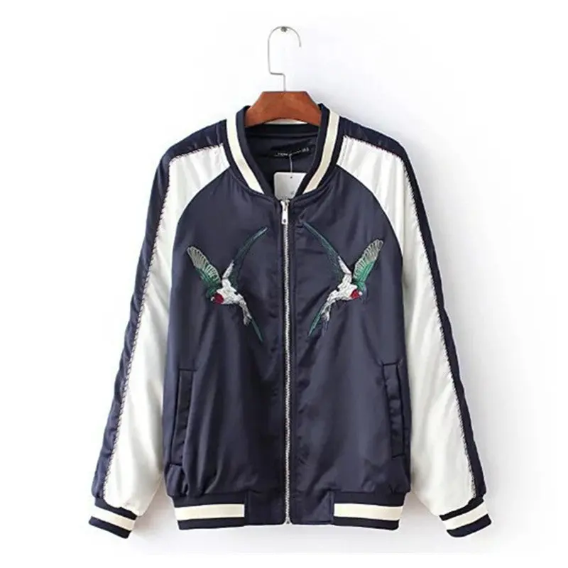 Harajuku Animal Bird Embroidery Jacket Women Contrast Color Sleeve Bomber Jacket Coat Pilots Couple Outerwear 2