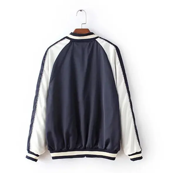 Harajuku Animal Bird Embroidery Jacket Women Contrast Color Sleeve Bomber Jacket Coat Pilots Couple Outerwear 3