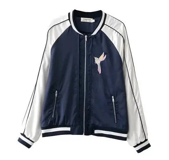 Harajuku Animal Bird Flower Embroidery Jacket Women Blue White Contrast Color Sleeve Bomber Pilots Jacket Coat 1