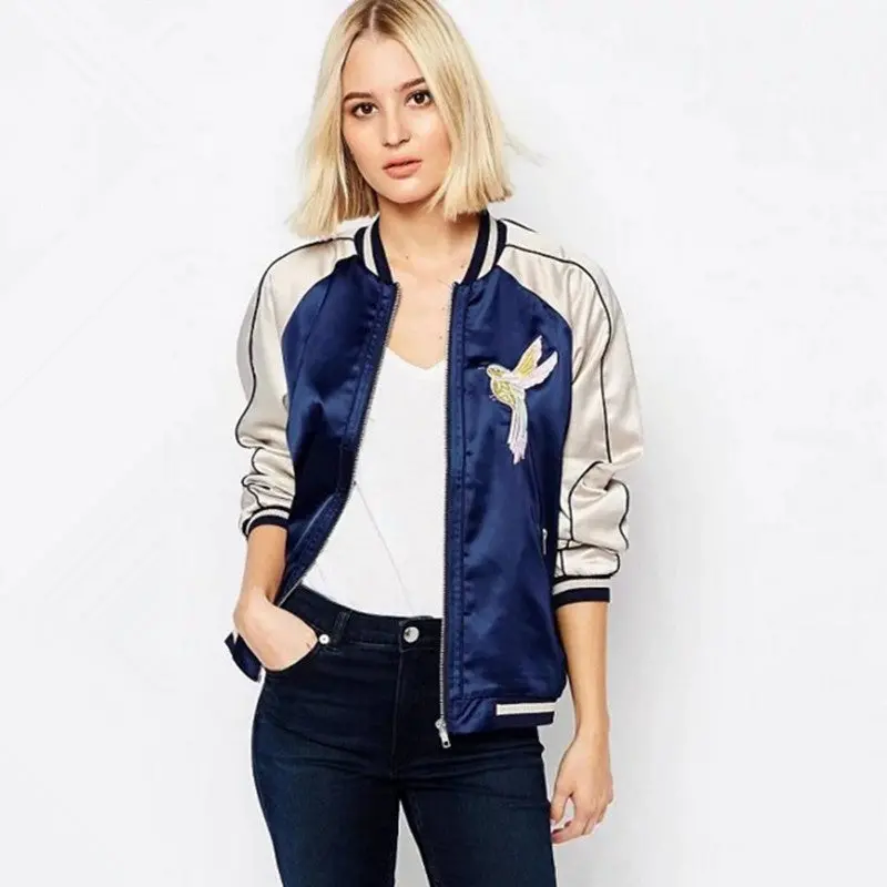 Harajuku Animal Bird Flower Embroidery Jacket Women Blue White Contrast Color Sleeve Bomber Pilots Jacket Coat 2