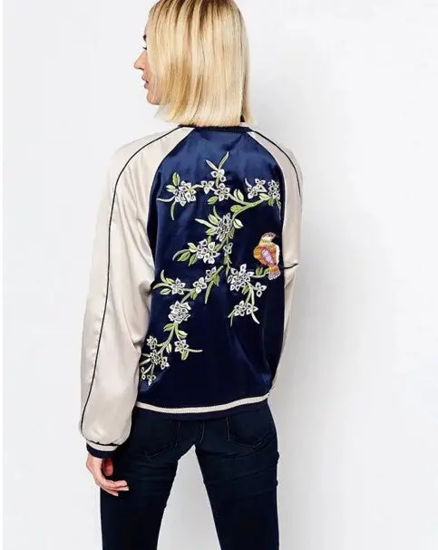 Harajuku Animal Bird Flower Embroidery Jacket Women Blue White Contrast Color Sleeve Bomber Pilots Jacket Coat 3