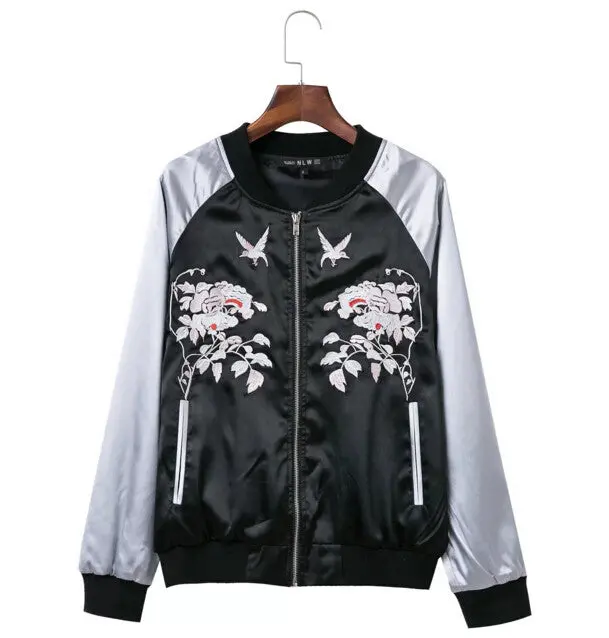 Harajuku Animal Bird Flower Embroidery Jacket Women Contrast Color Sleeve Bomber Jacket Coat Pilots Couple Outerwear 1
