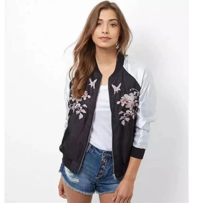 Harajuku Animal Bird Flower Embroidery Jacket Women Contrast Color Sleeve Bomber Jacket Coat Pilots Couple Outerwear 2