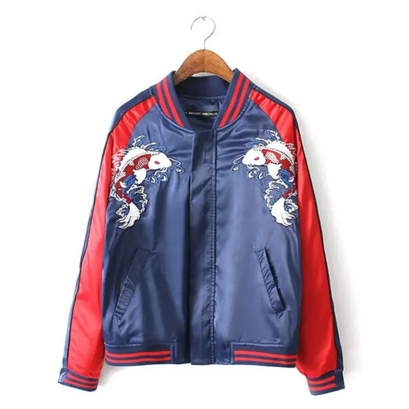 Harajuku Animal Fish Letter Embroidery Jacket Contrast Sleeve Bomber Jacket Couple Coat Pilots Woman Man Outerwear 1