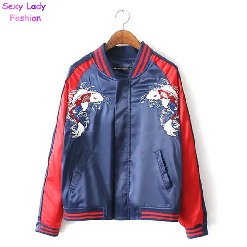 Harajuku Animal Fish Letter Embroidery Jacket Contrast Sleeve Bomber Jacket Couple Coat Pilots Woman Man Outerwear 2