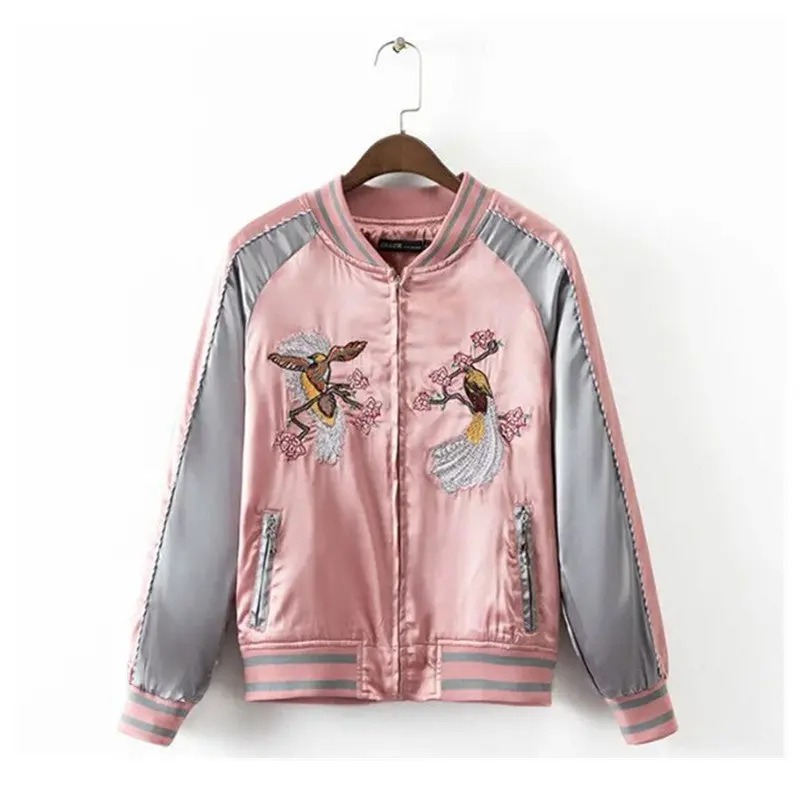 Harajuku Animal Phoenix Flower Embroidery Jacket Women Pink Gray Contrast Color Sleeve Bomber Pilots Jacket Coat 1