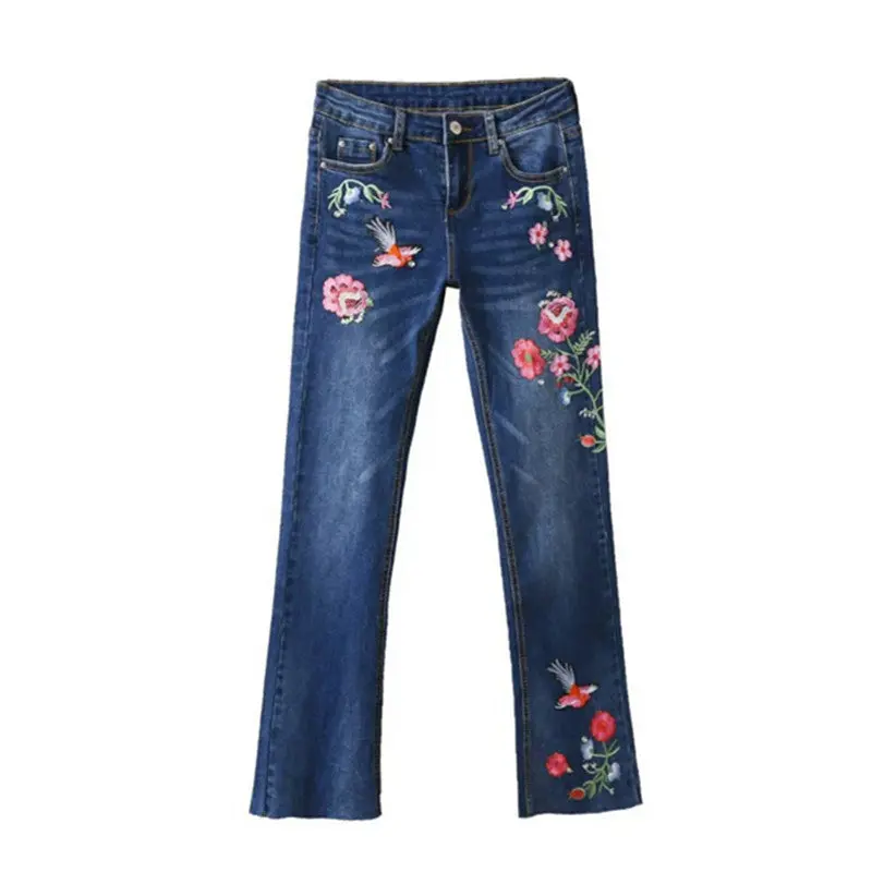 Harajuku Appliques Diamond Flower Embroidery Denim Pants Woman Flare Jeans Femme Long Jeans Feminino 2