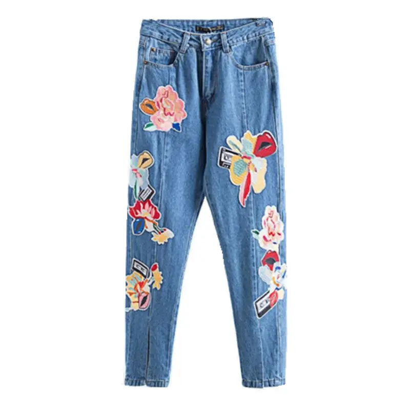 Harajuku Appliques Flower Embroidery Denim Pants Woman Casual Jeans Femme Taille Haute Pantalon Pants Long Jeans Feminino 1