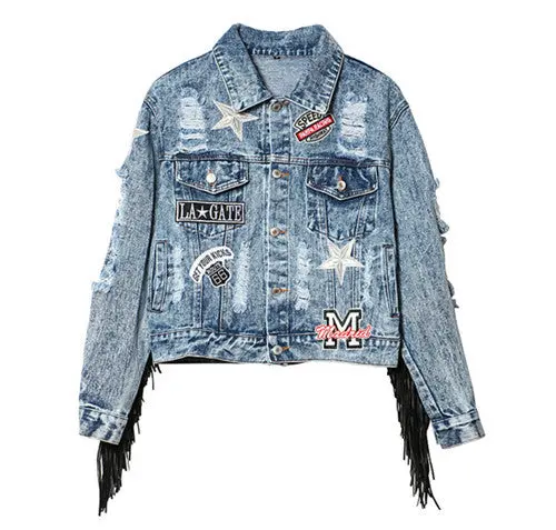 Harajuku Appliques Letter Embroidery Frayed Hole Tassel Denim Jacket Woman Fringed Buttons Loose Coat Femme Jean Outerwear 1