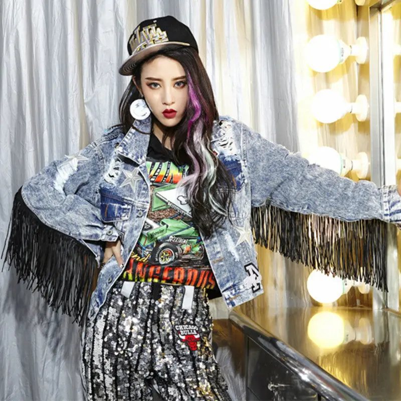 Harajuku Appliques Letter Embroidery Frayed Hole Tassel Denim Jacket Woman Fringed Buttons Loose Coat Femme Jean Outerwear 2
