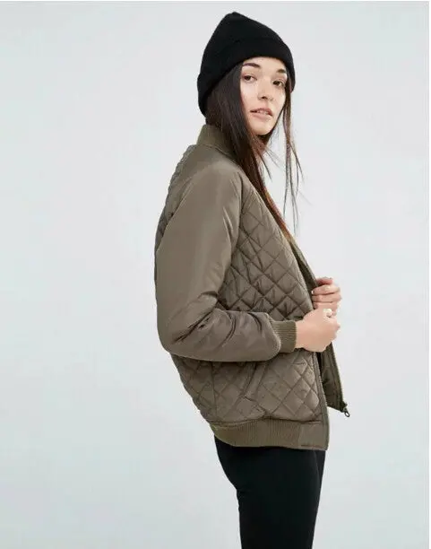 Harajuku Argyle Plaid Quilting Quilted Pilots Jacket Women Vintage Bomber Pilots Coat Outerwear Tops Femme 5 Color 8