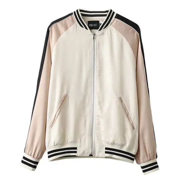 Harajuku Back Flower Fish Embroidery Jacket Women Contrast Color Sleeve Bomber Jacket Coat Pilots Couple Outerwear 1