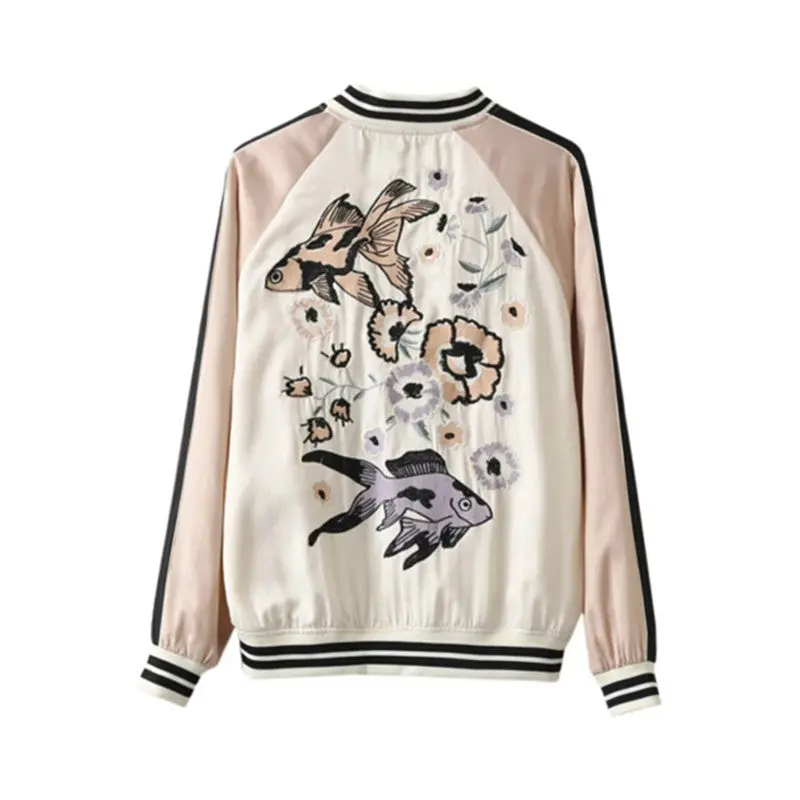 Harajuku Back Flower Fish Embroidery Jacket Women Contrast Color Sleeve Bomber Jacket Coat Pilots Couple Outerwear 2