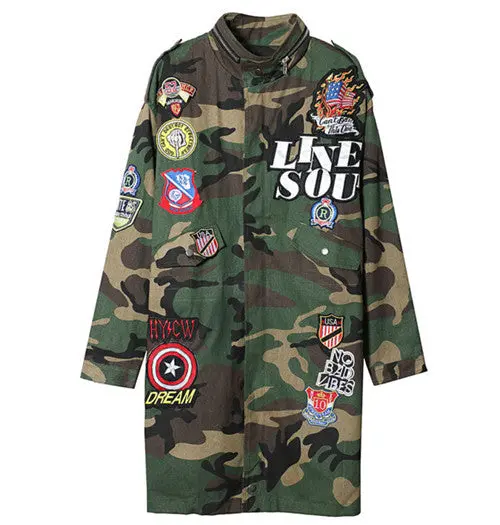 Harajuku Badge Letter Appliques Embroidery Ghost Head Camoufla Trench Woman Stand Collar Loose Coat Casual Outerwear 1