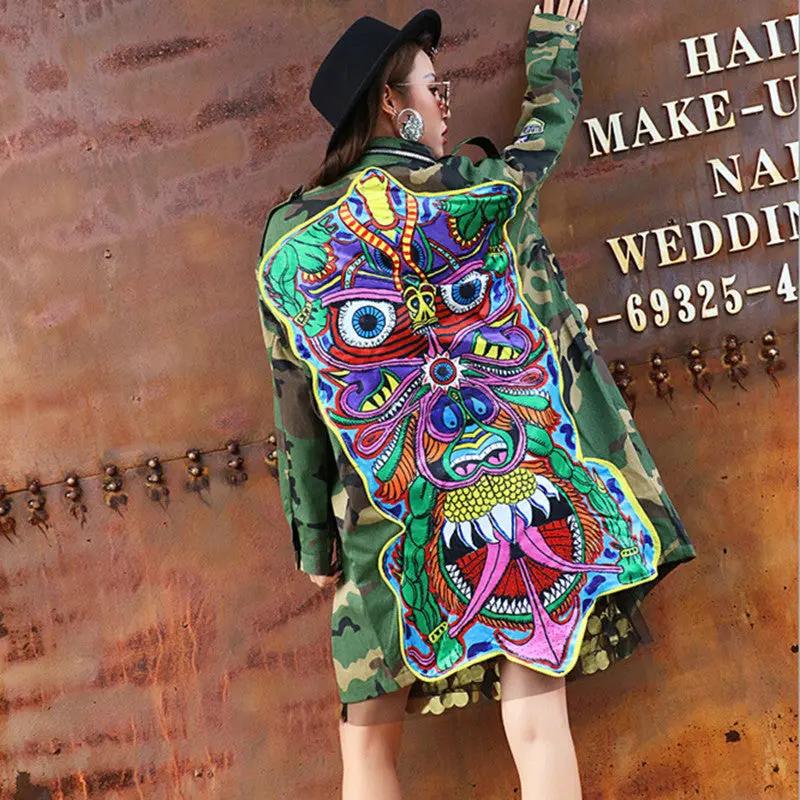 Harajuku Badge Letter Appliques Embroidery Ghost Head Camoufla Trench Woman Stand Collar Loose Coat Casual Outerwear 2