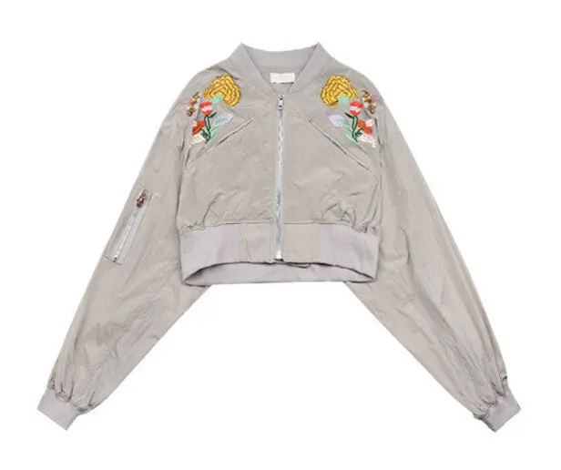 Harajuku Batwing Flower Embroidery Short Jacket Women Elastic Sleeve Loose Coat Pilots Bomber Outerwear 1