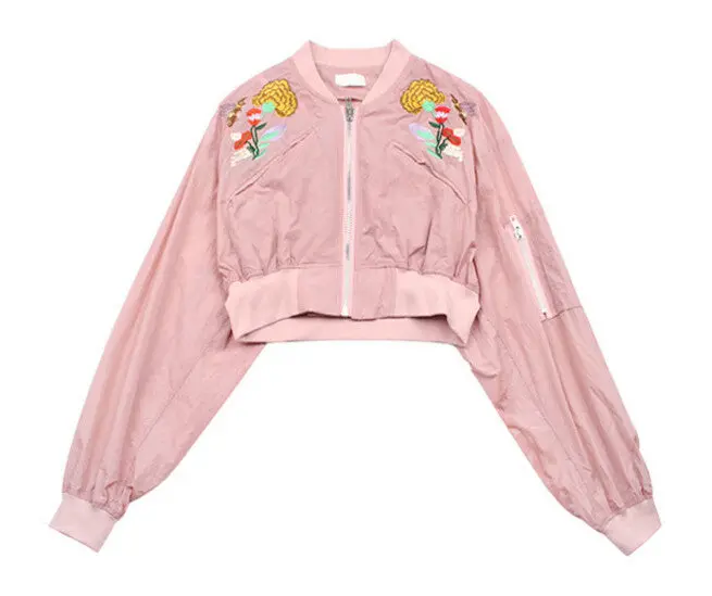 Harajuku Batwing Flower Embroidery Short Jacket Women Elastic Sleeve Loose Coat Pilots Bomber Outerwear 2