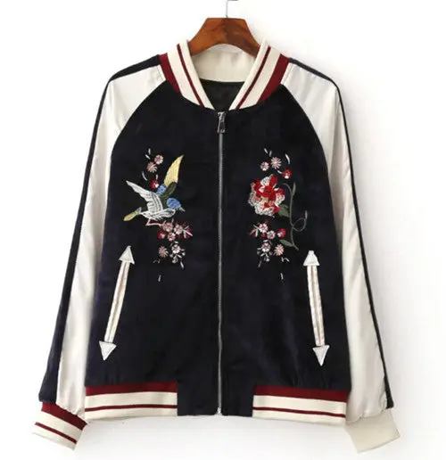 Harajuku Bird Blooming Flower Embroidery Jacket Women Contrast Color Floral Bomber Jacket Coat Pilots Outerwear Black 1