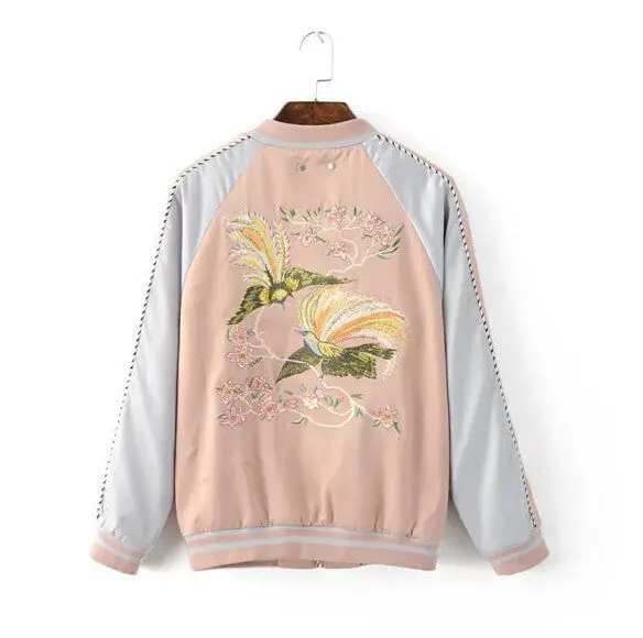 Harajuku Bird Phoenix Flower Embroidery Jacket Women Contrast Color Sleeve Bomber Pilots Jacket Couple Coat 1