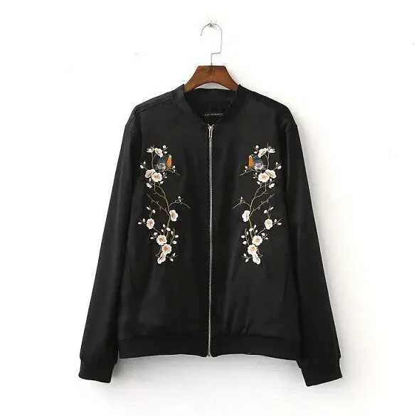 Harajuku Bird Plum Flower Embroidery Jacket Women Contrast Color Floral Bomber Jacket Coat Pilots Outerwear Black 1