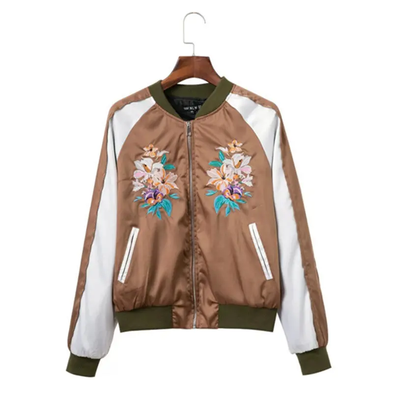 Harajuku Blooming Lily Flower Embroidery Jacket Women Khaki Contrast White Color Bomber Jacket Coat Pilots Outerwear 1