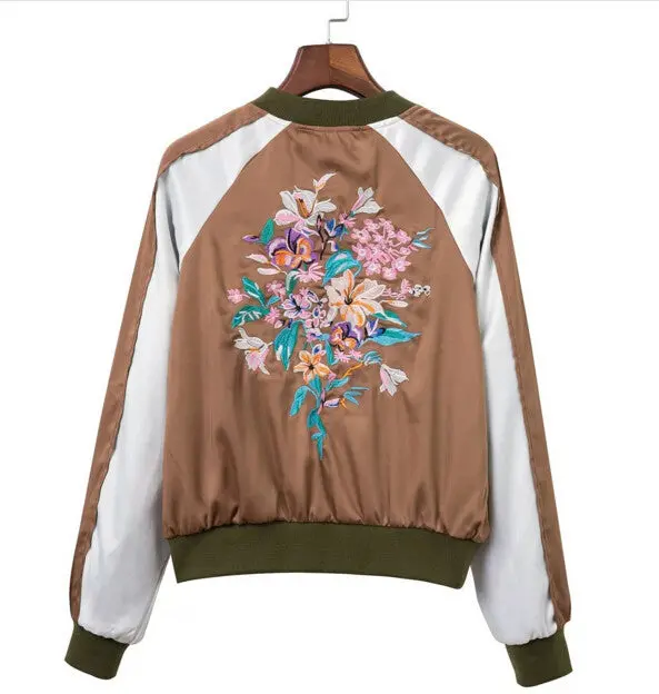 Harajuku Blooming Lily Flower Embroidery Jacket Women Khaki Contrast White Color Bomber Jacket Coat Pilots Outerwear 3