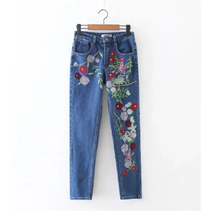 Harajuku Blue Flower Embroidery Denim Pants Woman Harem Jeans Femme Long Jeans Feminino 1