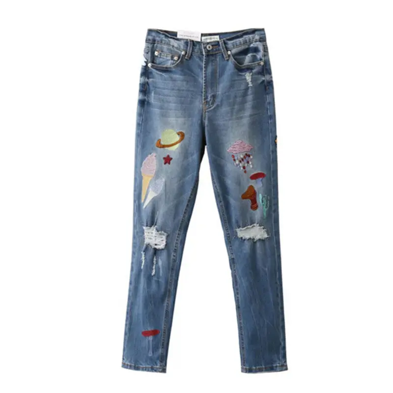 Harajuku Blue Ripped Hole Sequins Embroidery Denim Pants Woman Full Length Jeans Femme Long Jeans Feminino 1