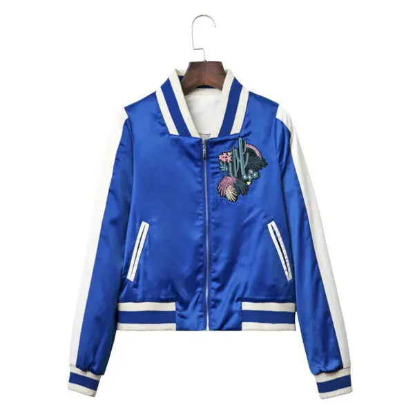 Harajuku Blue Satin Plant Cactus Embroidery Jacket Women Contrast Color Bomber Jacket Coat Pilots Outerwear 1