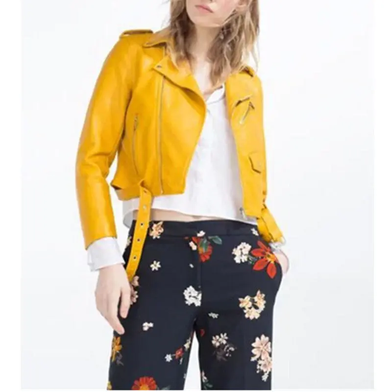 Harajuku Buckles Hem Pu Faux Leather Jacket Women Lapel Neck Epaulet Motorcycle Biker Coat Short Outerwear 3
