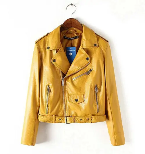 Harajuku Buckles Hem Pu Faux Leather Jacket Women Lapel Neck Epaulet Motorcycle Biker Coat Short Outerwear 4
