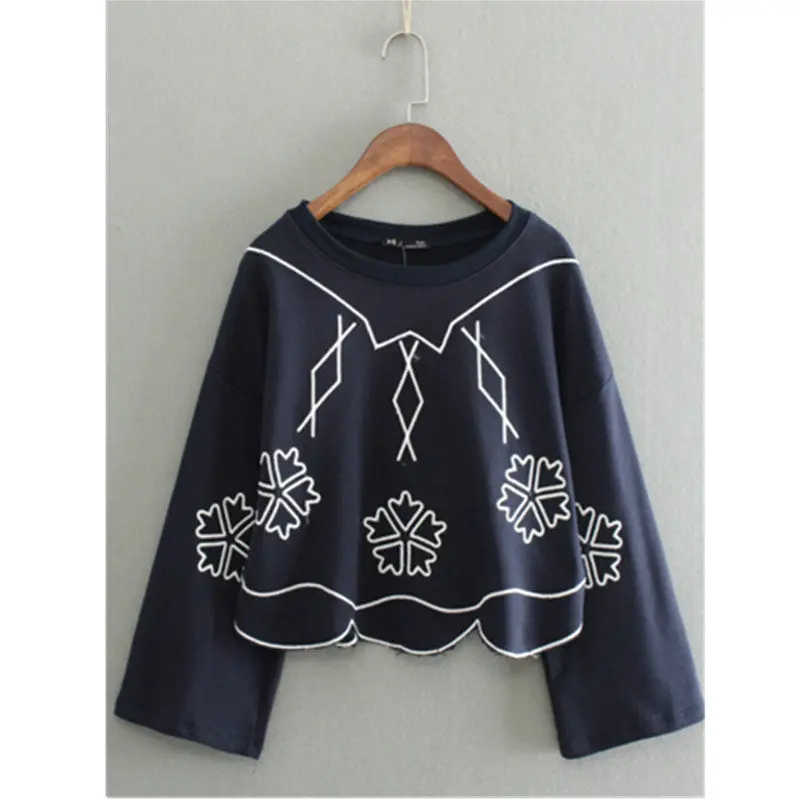 Harajuku Casual Flower Wave Line Embroidery Hoodies Sweatshirts O Neck Sweats Women Clothing Feminina Loose Short Jumper Sweats 1