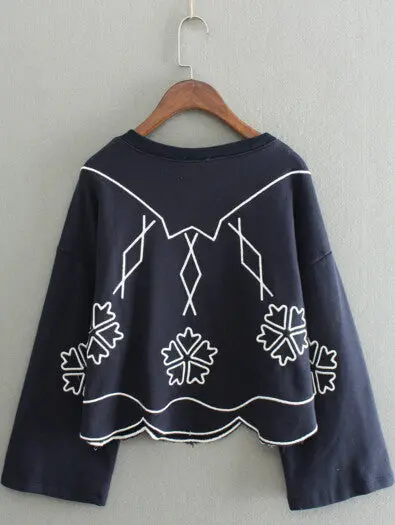 Harajuku Casual Flower Wave Line Embroidery Hoodies Sweatshirts O Neck Sweats Women Clothing Feminina Loose Short Jumper Sweats 3