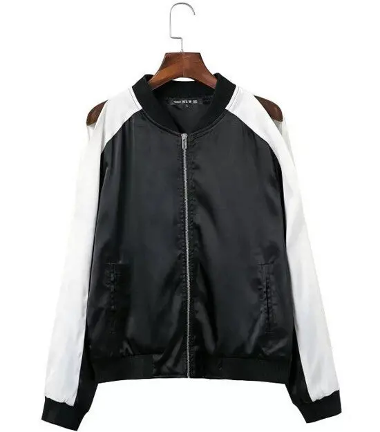 Harajuku Contrast Color Sleeve Off Shoulder Jacket Yokosuka Women V Neck Bomber Jacket Coat Pilots Outerwear 1